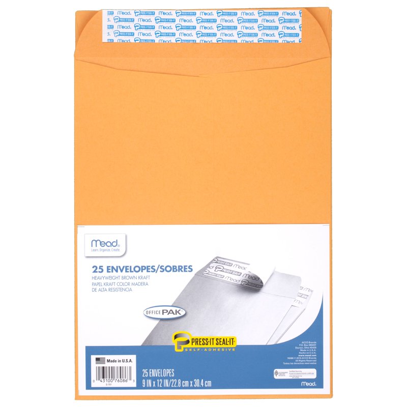 9x12 Brown Kraft Envelope Pack with Self-Adhesive Seal - 25 Count