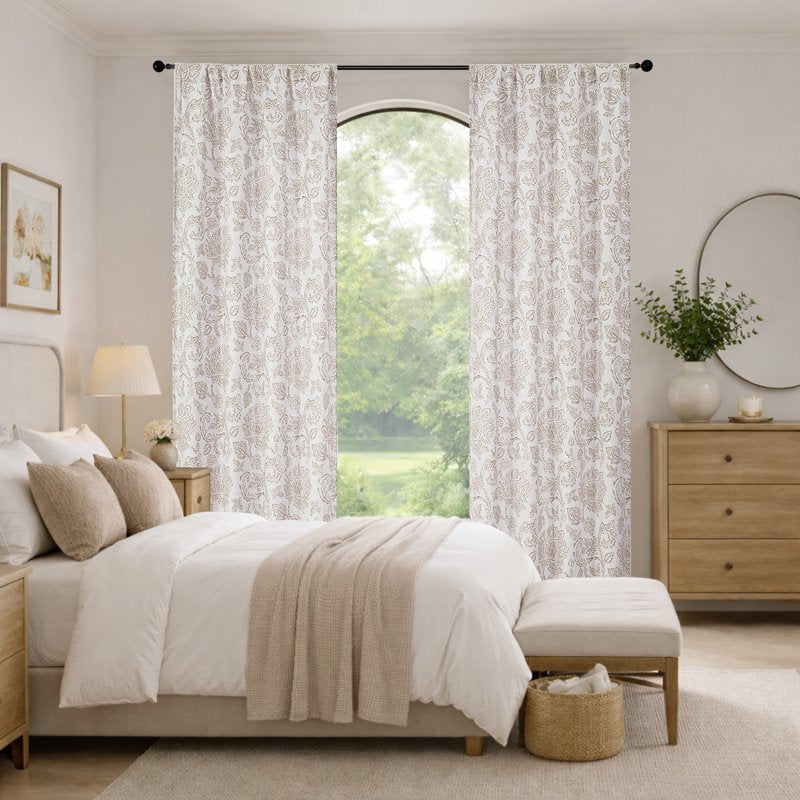 Farmhouse Taupe Floral Curtain Panels - 52W x 96L, 2-Pocket Rod Pocket Drape Set