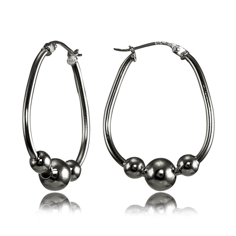 Sterling Silver Beaded Hoop Earrings with Black Flashed Finish - 25mm & 30mm Sizes