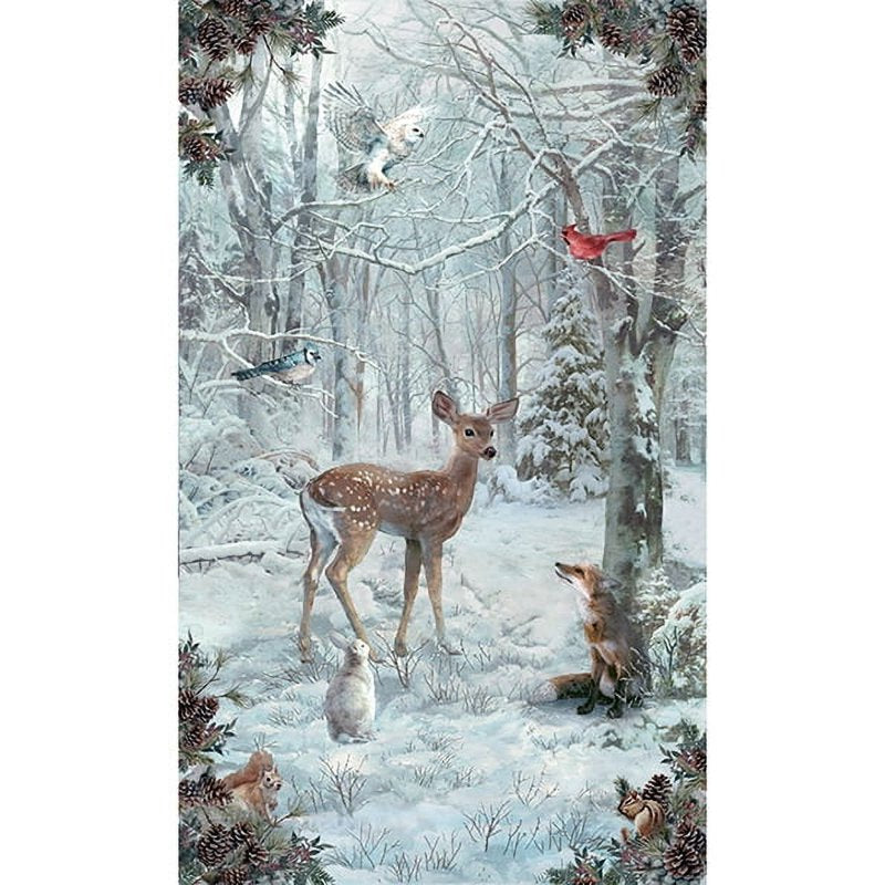 Winter Deer Wildlife Scenic Cotton Fabric Panel 26x44 Inches