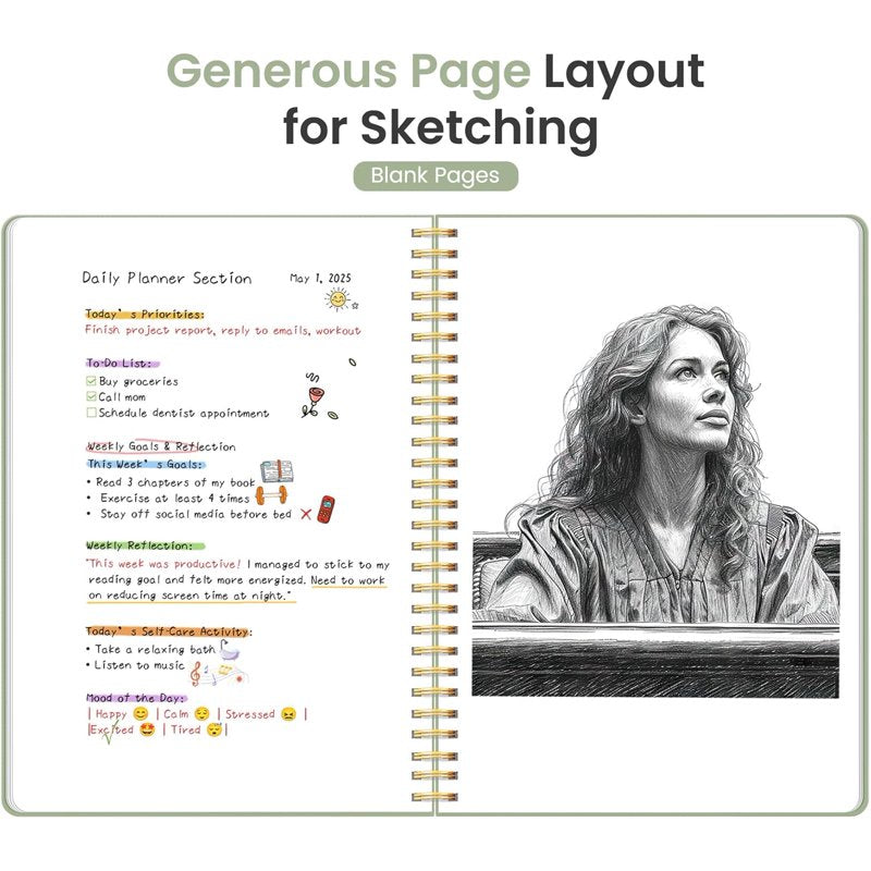 Large A4 Spiral Blank Notebook for Sketching & Journaling - 8.5x11 Inches, Green