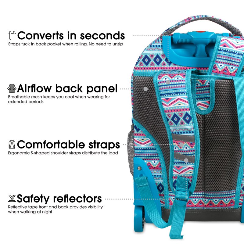 Girls 18-Inch Rolling Backpack for School and Travel - Mint Tribal Pattern