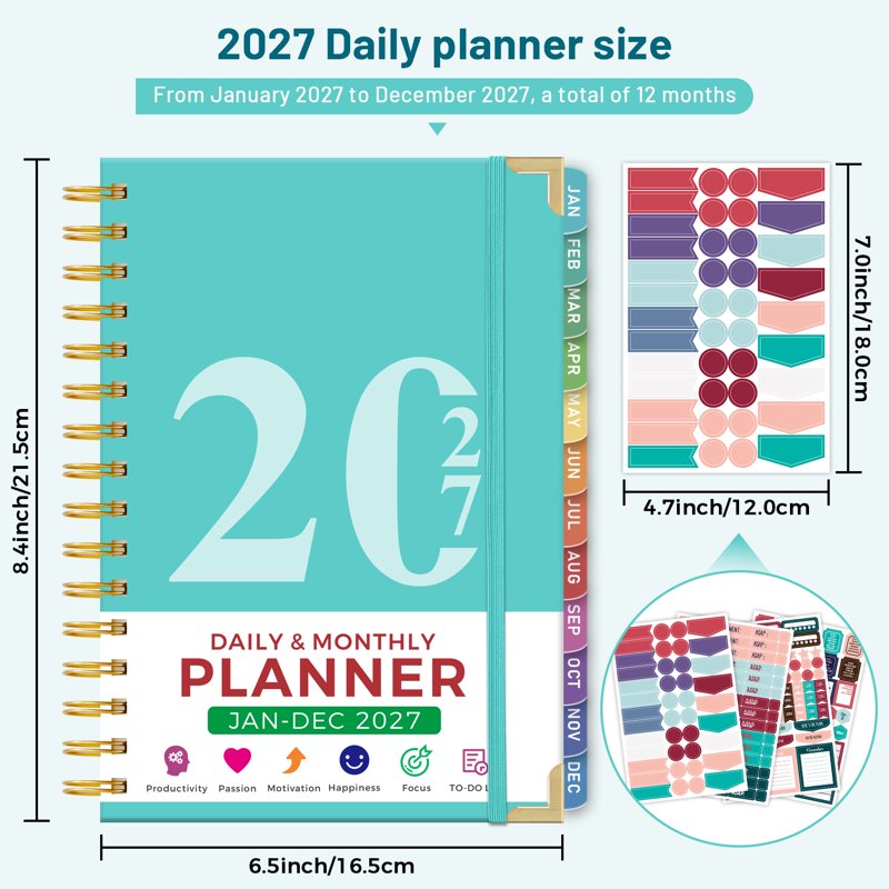 2027 Daily & Monthly Planner with Ruler and Tabs, Spiral Hardcover Calendar Book