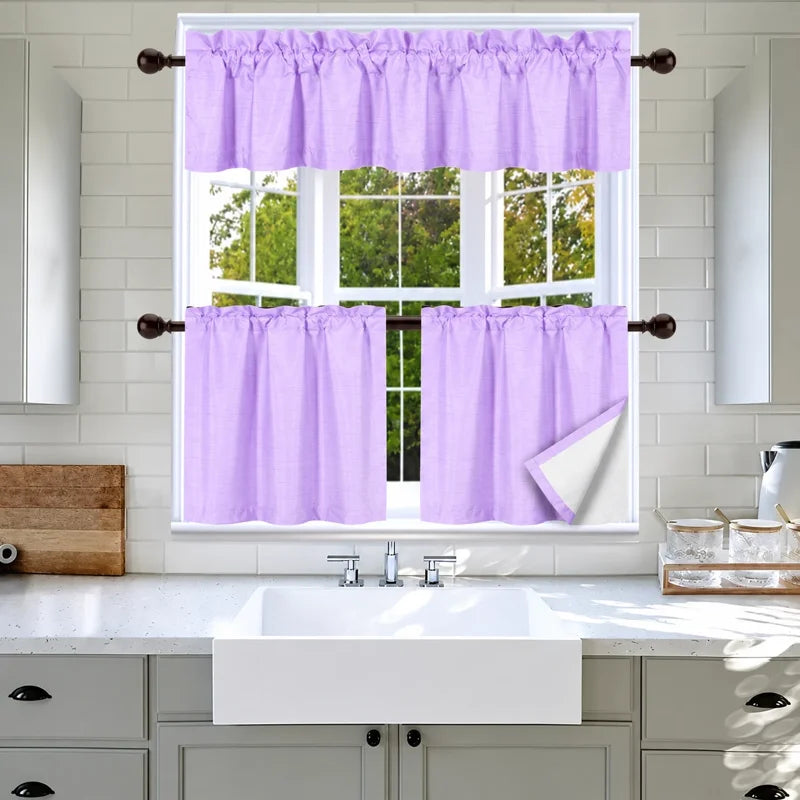 Faux Silk Blackout Kitchen Curtain Set - 3-Piece Window Treatment, Multiple Colors