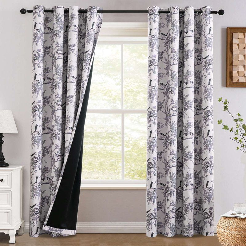 Blackout Floral Bird Curtain Panels - Thermal Grommet Window Drapes for Bedroom & Living Room, Sage/Black, 52 x 84 inches