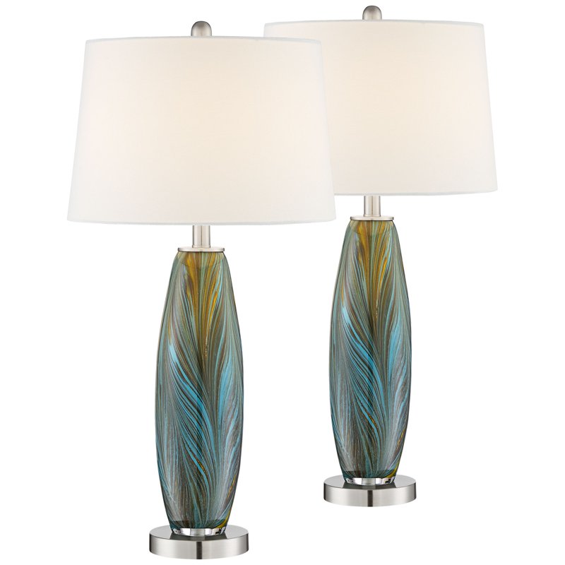 Modern Blue and Brown Glass Table Lamps Set of 2 - 29.5-inch Bedroom Living Room Decor