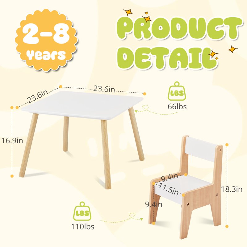 Kids Activity Table Set with Chairs - 2-in-1 Toddler Play & Craft Table, 24x24 Inch, White & Natural Wood Finish