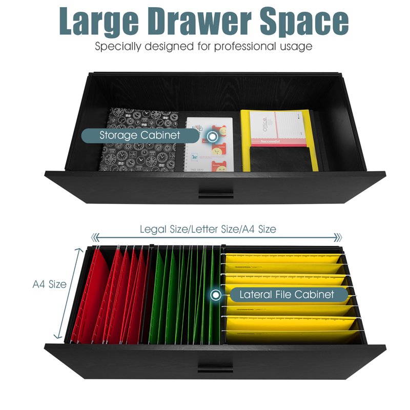 2-Drawer Lateral File Cabinet for Home Office, Adjustable Steel Bars, Black
