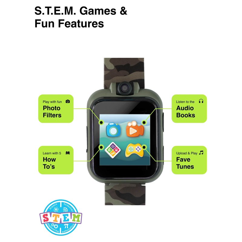 Kids Smartwatch with Headphones - Educational STEM Watch for Children, Green Camouflage