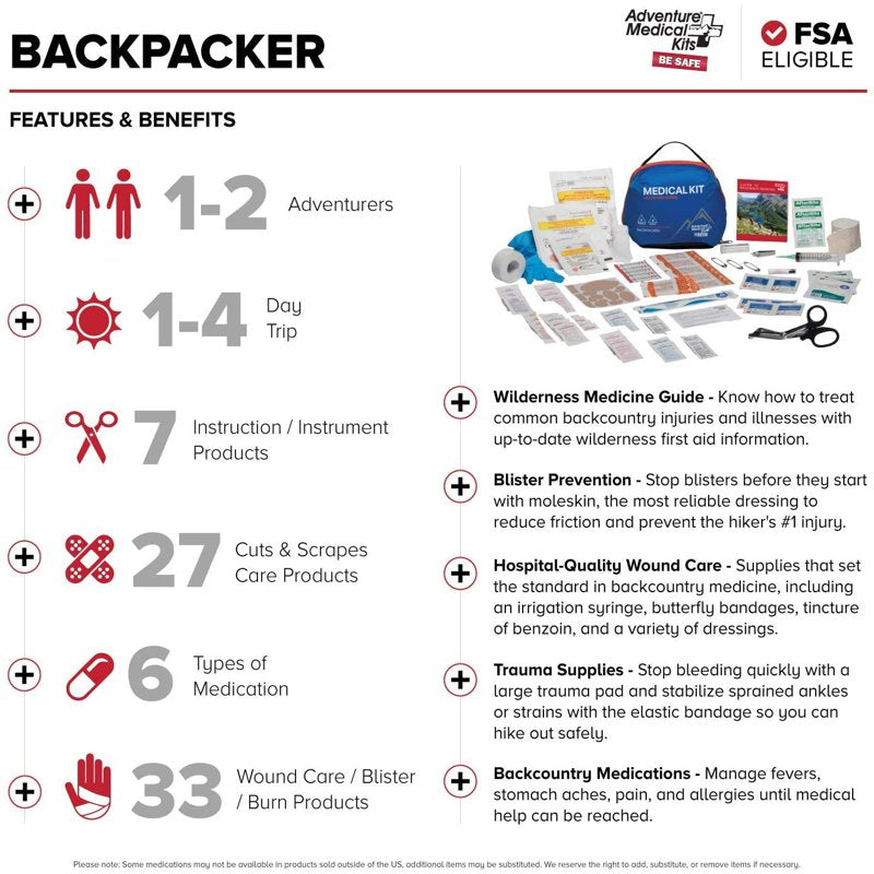 Adventure Medical Mountain Series Backpacker First Aid Kit - 56 Pieces for Hiking and Camping
