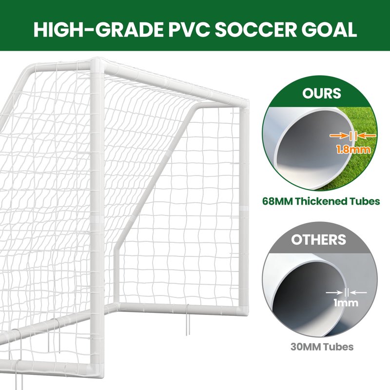 SLSY 12ft Soccer Goal - White Non-Folding 12x6 Backyard Training Net + Ground Pegs