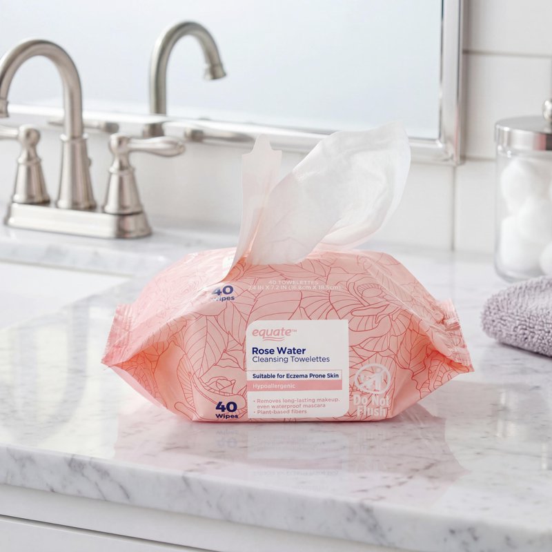 Rose Water Cleansing Towelettes - Hypoallergenic Makeup Remover & Skin Moisturizer - 6 Pack