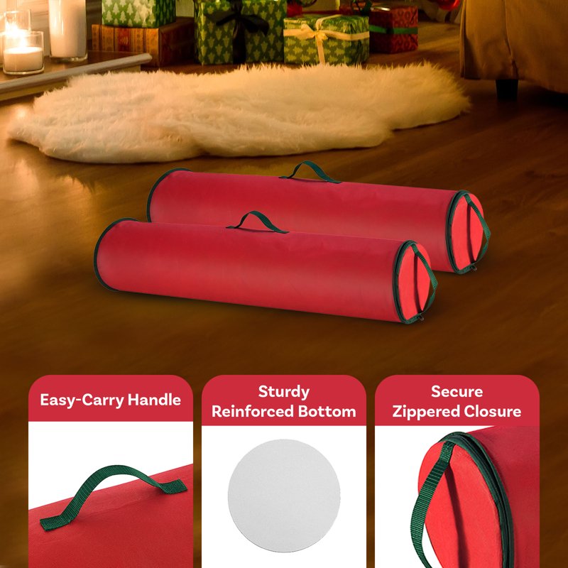 40-Inch Wrapping Paper Storage Bag 2-Pack – Holds Up to 50 Rolls, Red & Green