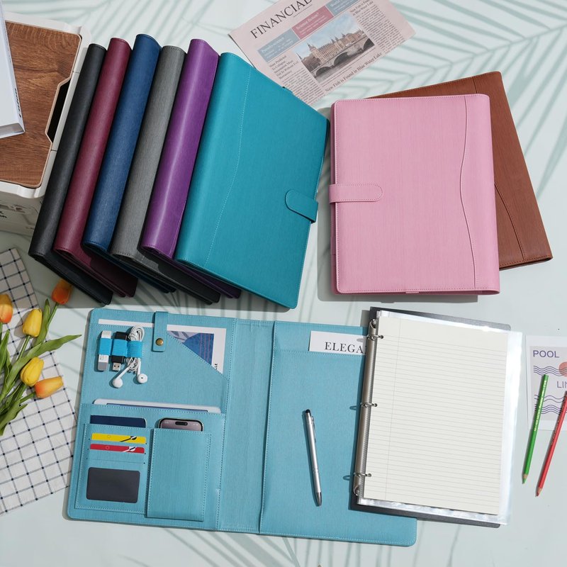 A4 PU Leather Portfolio Organizer with Removable Ring Binder and Multiple Pockets