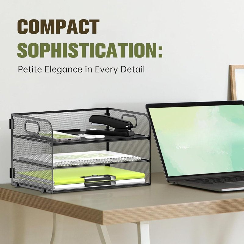 3 Tier Mesh Desktop Paper Organizer with Handles - Office & School Storage