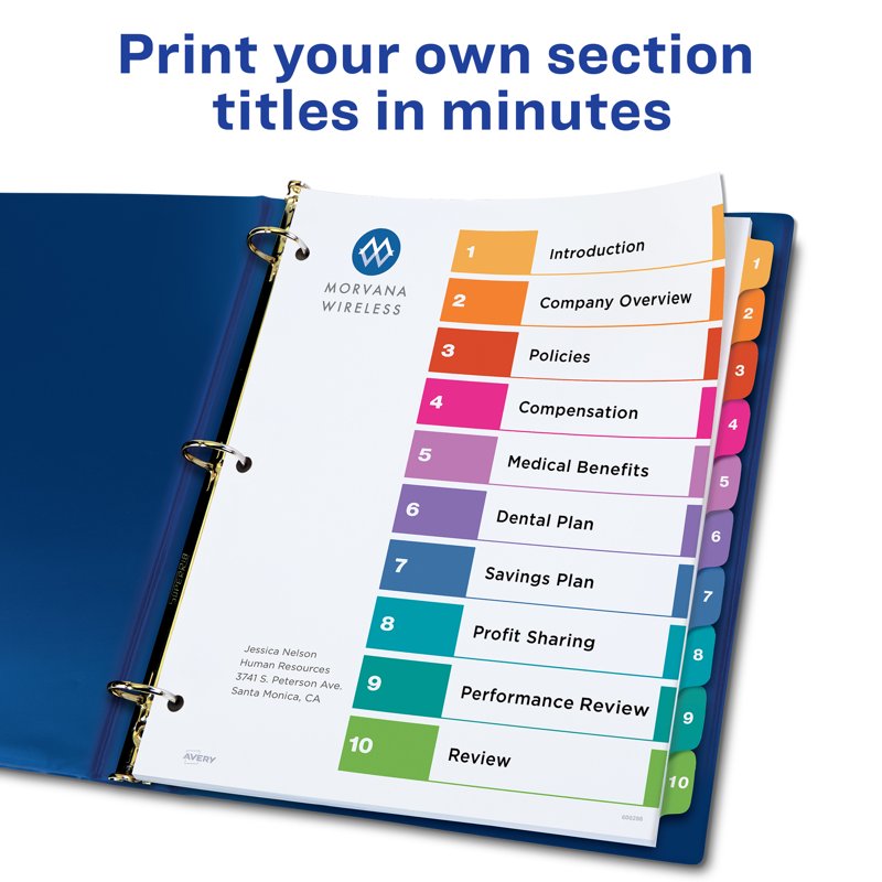 10-Tab Binder Dividers with Customizable TOC - Pack of 24 Sets