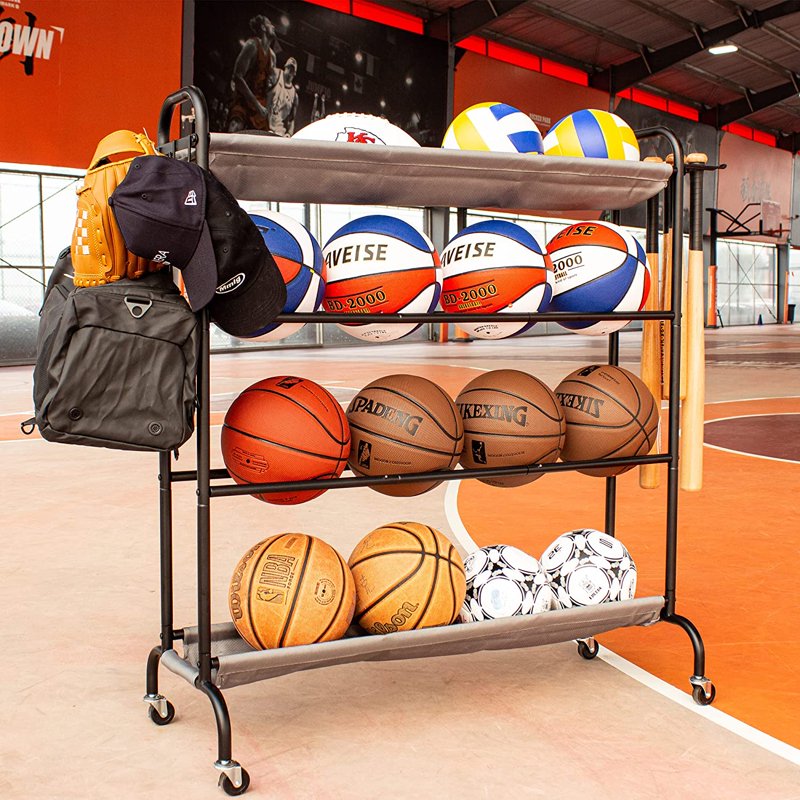 Multi-Layer Ball Storage Rack with Hooks & Bat Holder - Rolling Sport Equipment Organizer