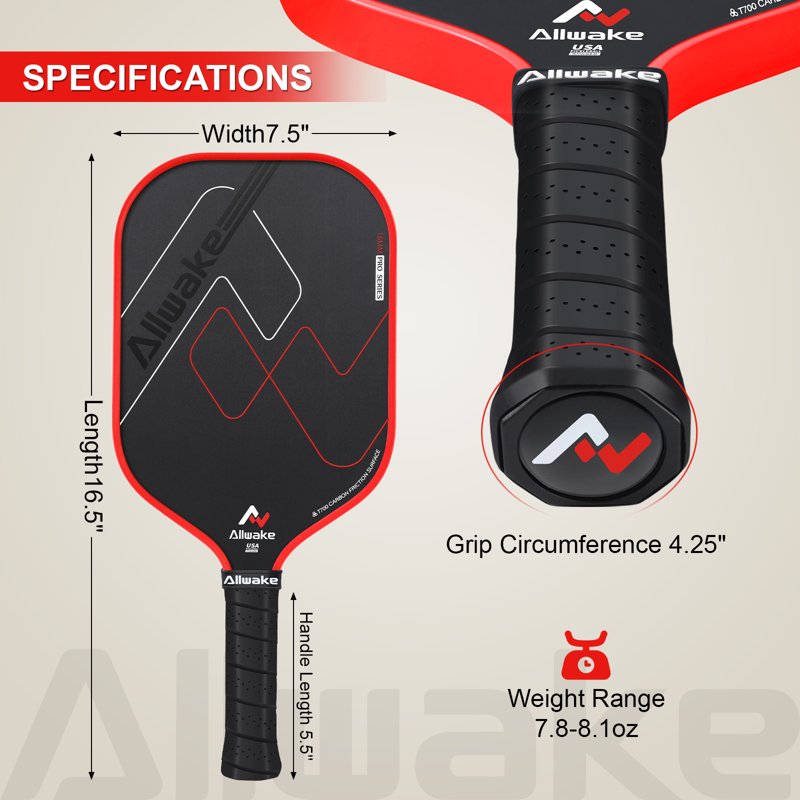 Allwake Pickleball Paddle with Toray T700 Carbon Face, 16mm Core - USA Pickleball Approved, Black-Red
