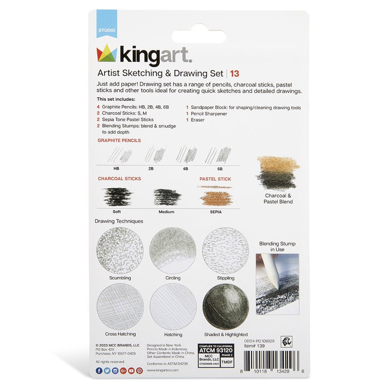 13-Piece Sketching and Drawing Kit with Pencils Charcoal Pastels Blending Tools