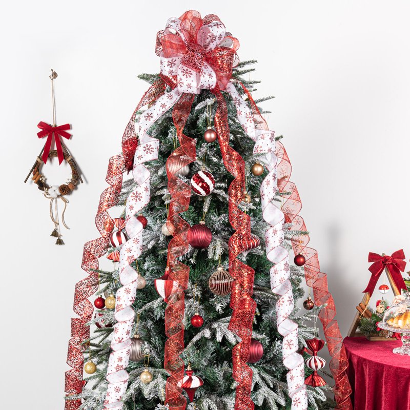 Christmas Tree Topper Bow with Glitter & Streamer Tails - Holiday Decor