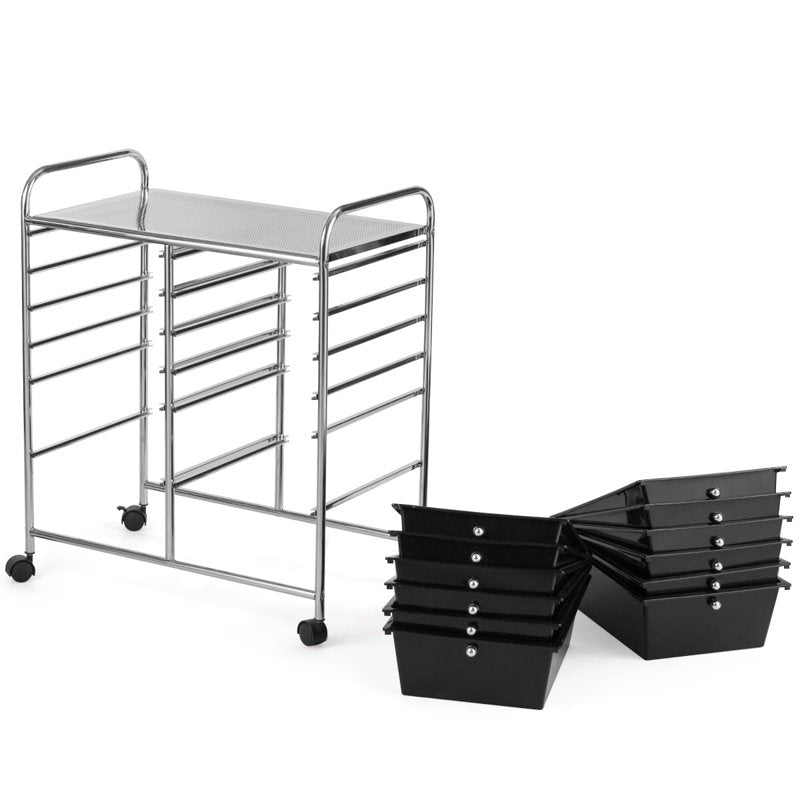 12-Drawer Rolling Storage Cart with Lockable Wheels - Black Metal Organizer