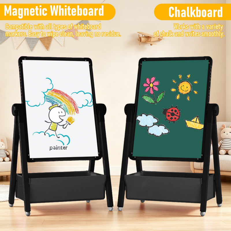 Kids Art Easel with Double-Sided Magnetic Whiteboard & Chalkboard, Adjustable Height, Toddler Gift