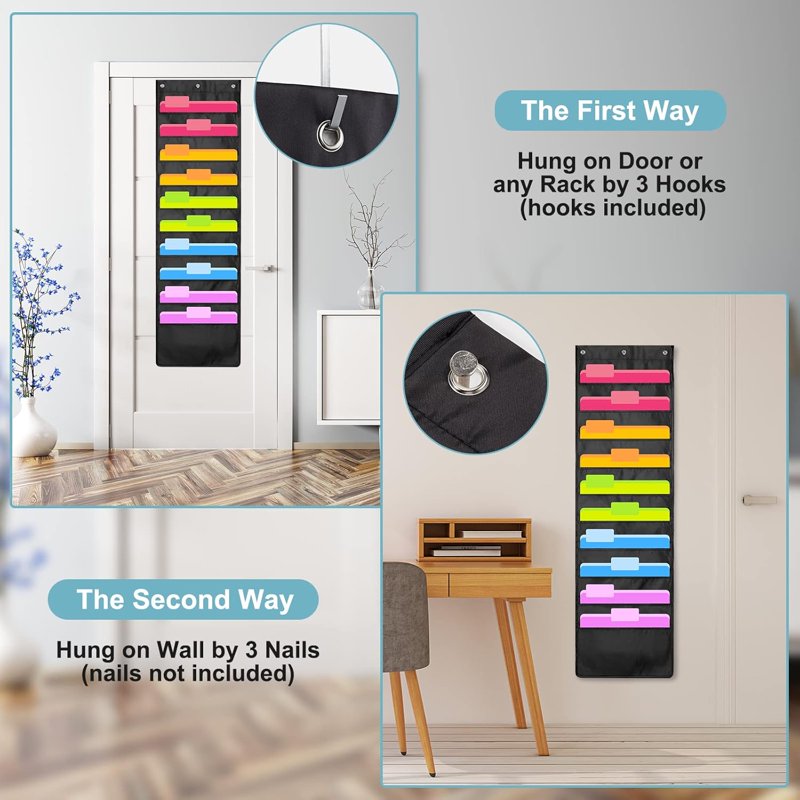 Wall Hanging File Organizer with 10 Pockets & Metal Hooks - Office & Classroom Storage