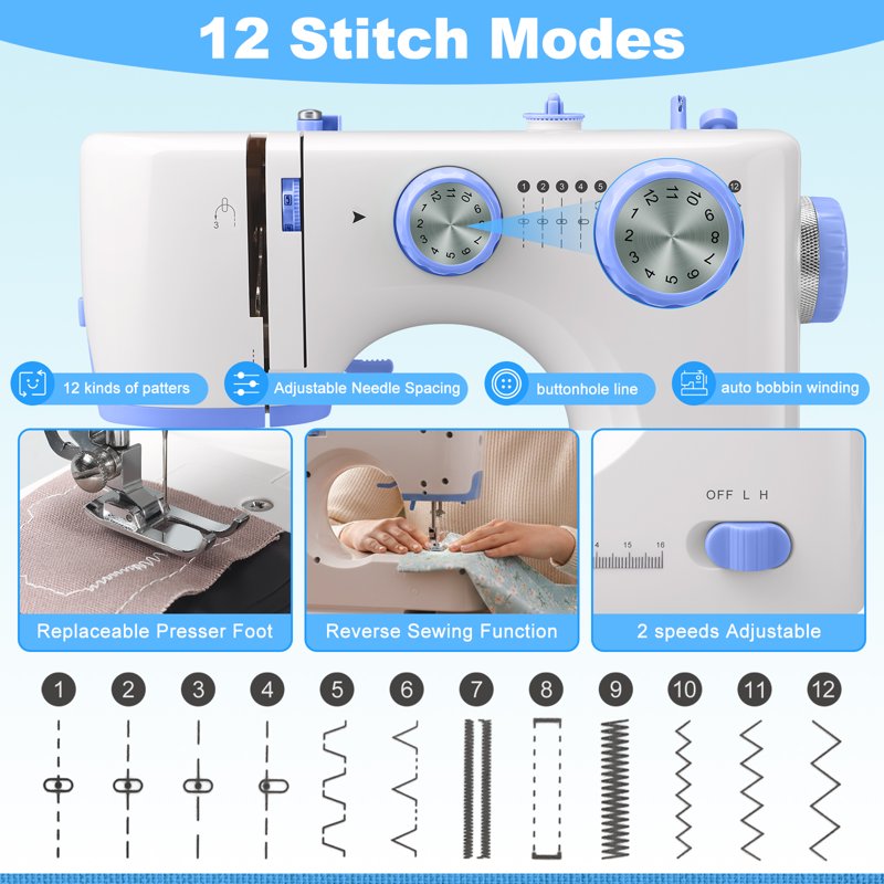 Portable Sewing Machine for Beginners with 12 Stitches, Adjustable Speed, Foot Pedal, Compact & Lightweight
