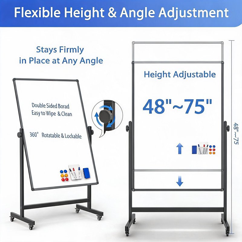 Double-Sided Magnetic Whiteboard on Wheels - Adjustable Height, Reversible Surface for Office & Home