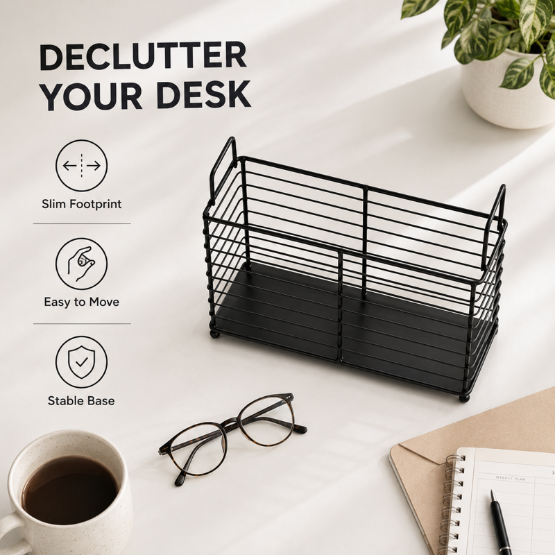 Black Iron Wire Magazine Rack with Handles - Home Office & Living Room Storage Basket