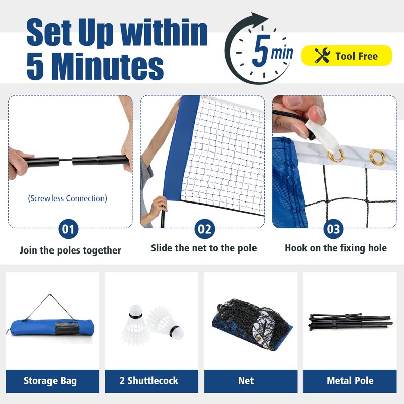 Portable Volleyball Tennis Training Net with Adjustable Height & Carry Bag