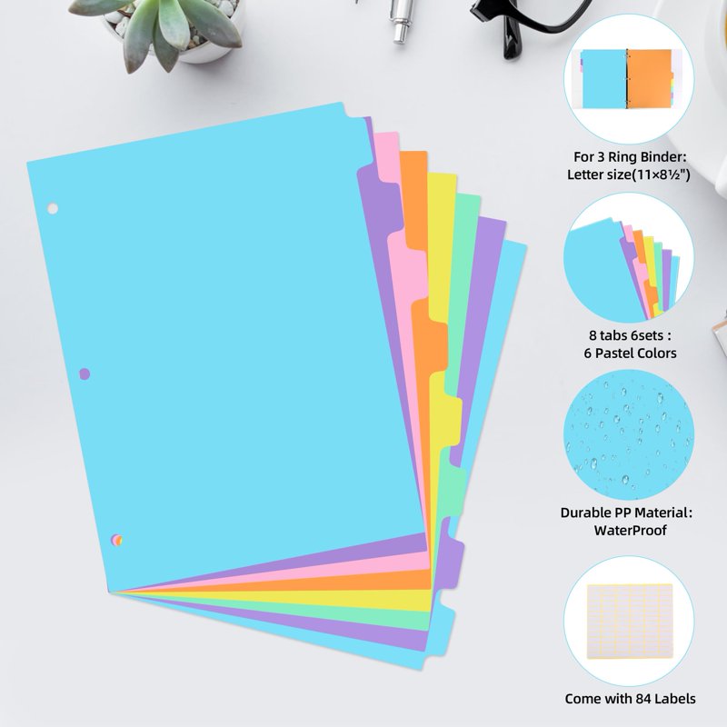 24 Pack Plastic Binder Dividers with Pockets & Tabs for 3 Ring Notebooks