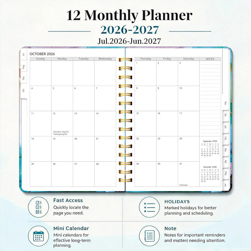 Academic Planner 2026-2027 Weekly & Monthly Organizer with Tabs - Cyan Marble