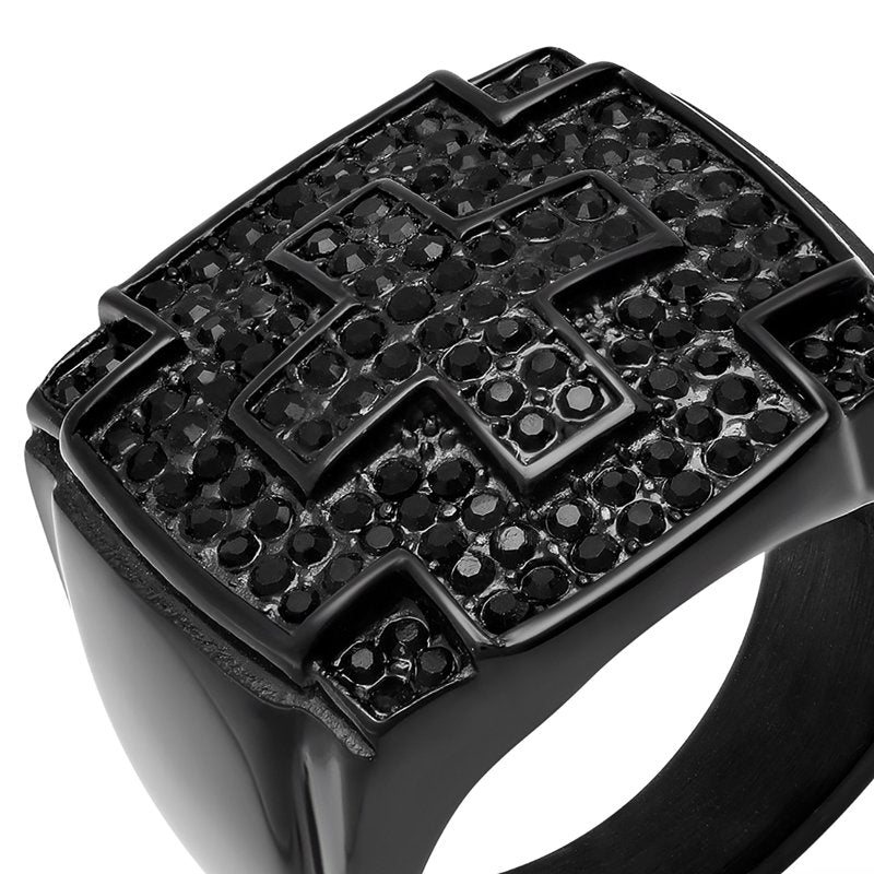 Men's Black Stainless Steel Cross Ring with Black Simulated Diamonds