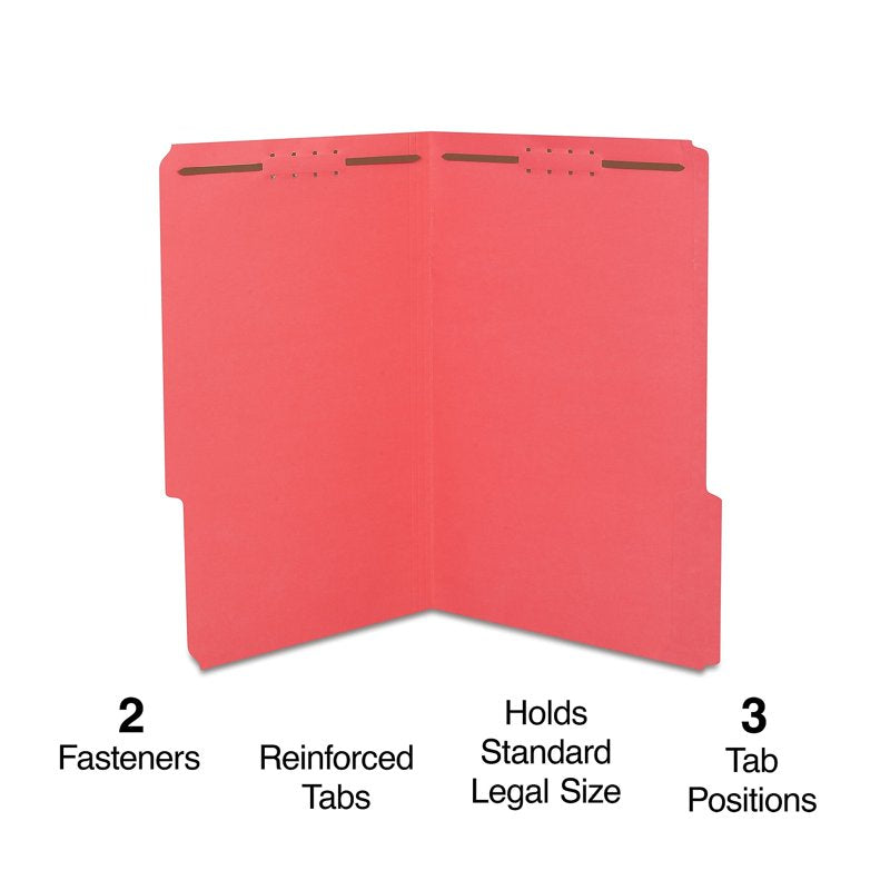 Legal Size Reinforced Tab Fastener Folders - Red, 50 Pack