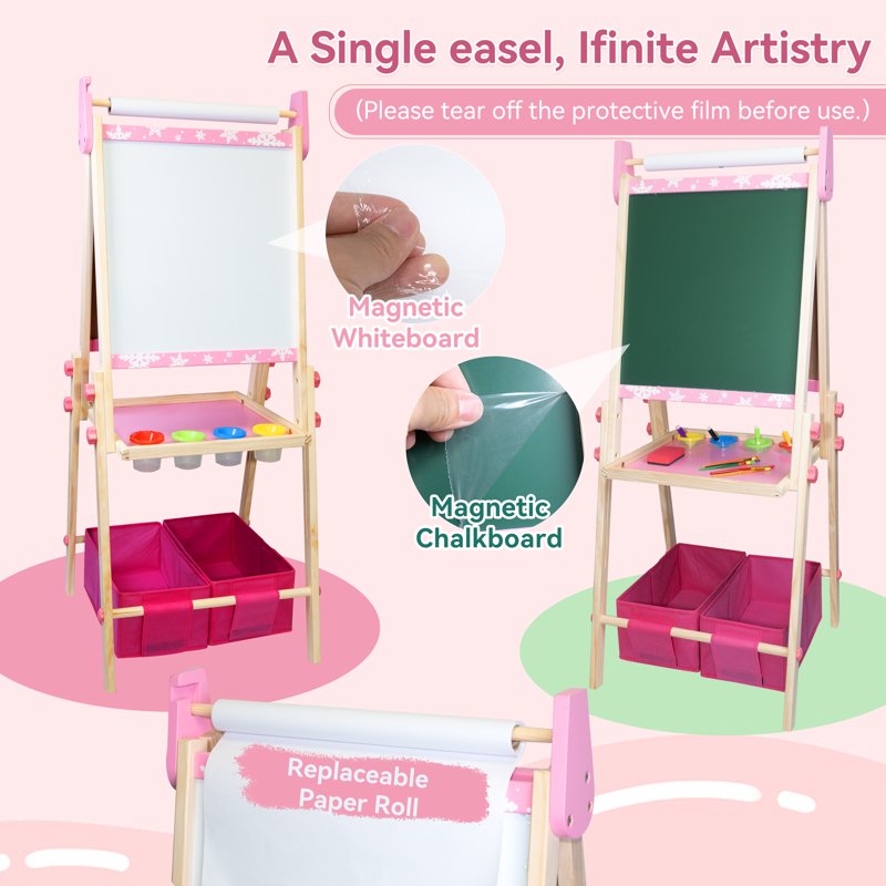 Kids Art Easel 3-in-1 Wooden Double Sided Magnetic Whiteboard & Paper Roll - Adjustable, Pink