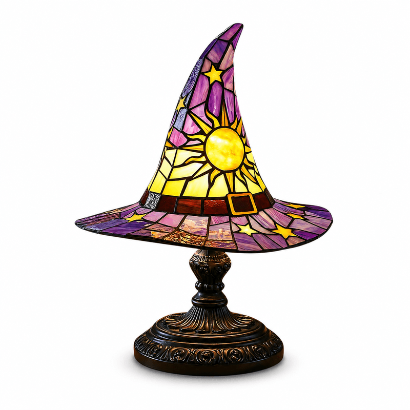 Gothic Stained Glass Witch Hat Lamp Halloween Night Light Decor - 12 Inch