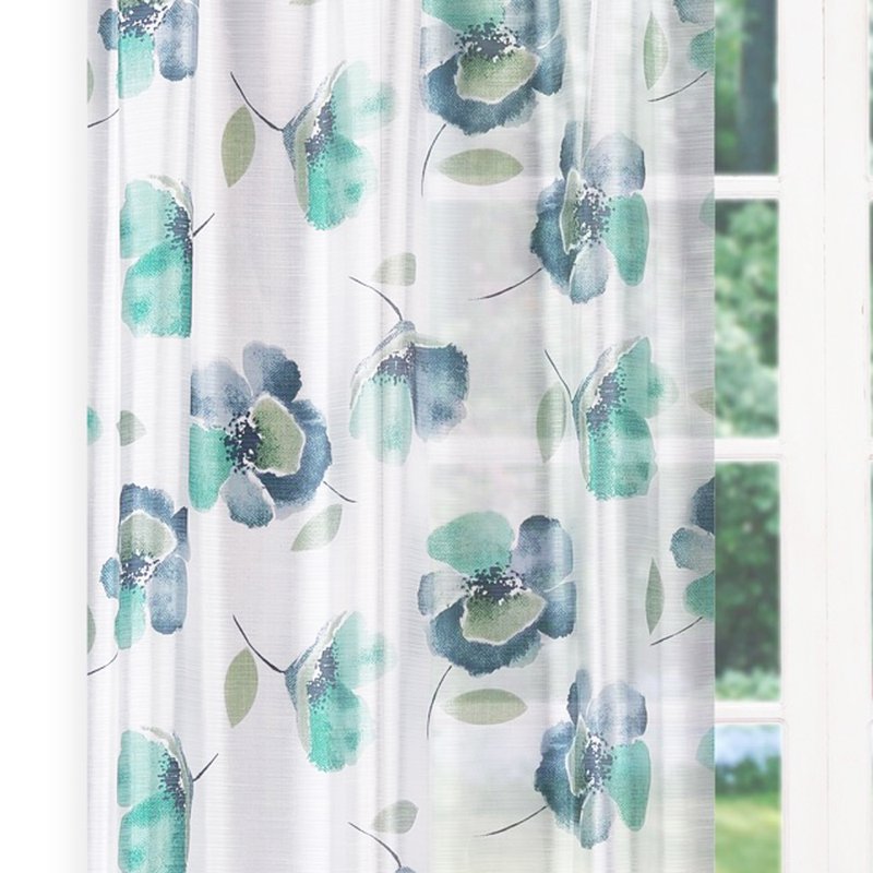 White Semi-Sheer Window Curtain Panel Pair with Indigo Aqua Floral Design 84in