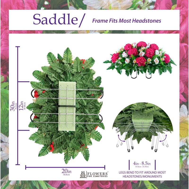 Artificial Cemetery Flower Saddle - UV Resistant Mum & Pink Rose for Headstone