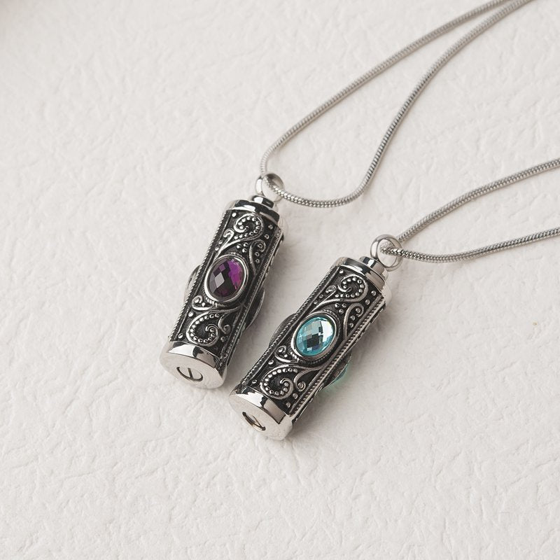 Memorial Urn Necklace with Stainless Steel Cylinder and Purple or Blue Crystal