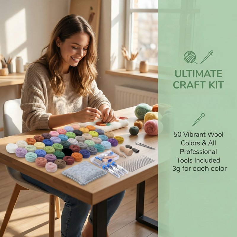 Beginner Needle Felting Kit with 50 Colors & Complete Tools Set for Crafting