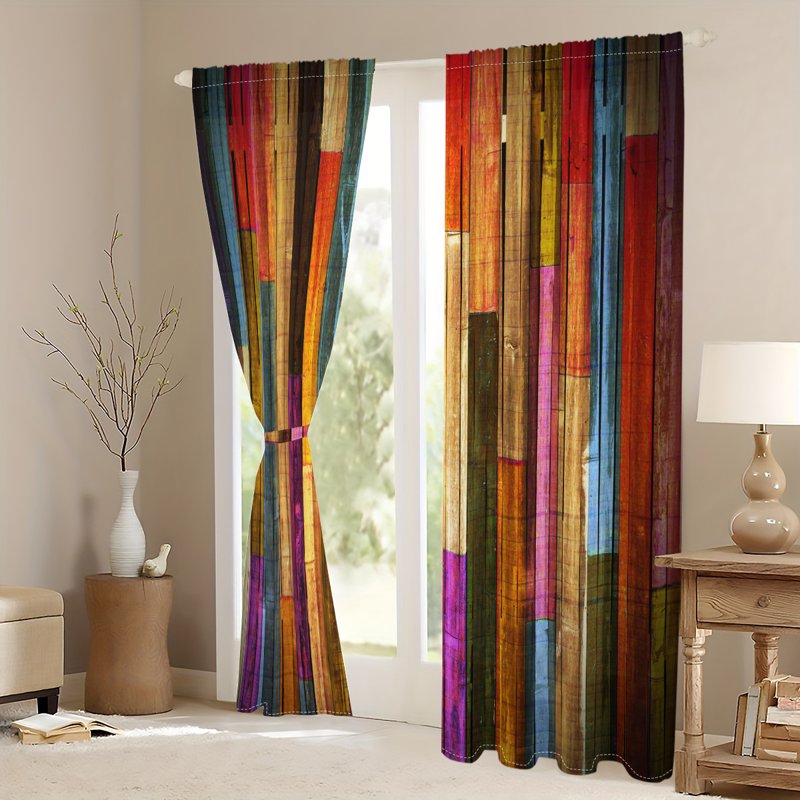 Colorful Wooden Plank Pattern Polyester Curtains Set of 2 for Bedroom & Living Room