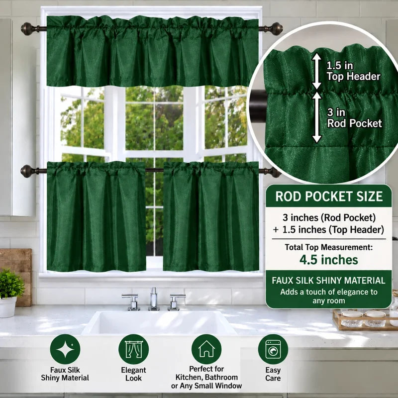 3-Piece Faux Silk Blackout Kitchen Curtain Set - Multiple Colors