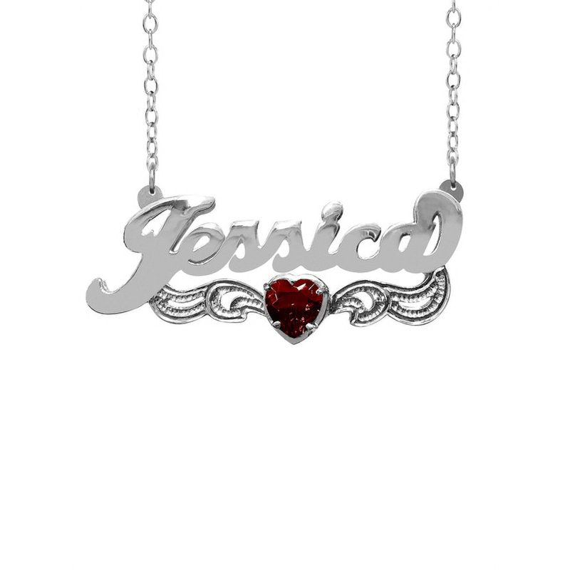 Personalized Heart-Shaped Birthstone Name Necklace with Beading on Rhodium Tail - Sterling Silver