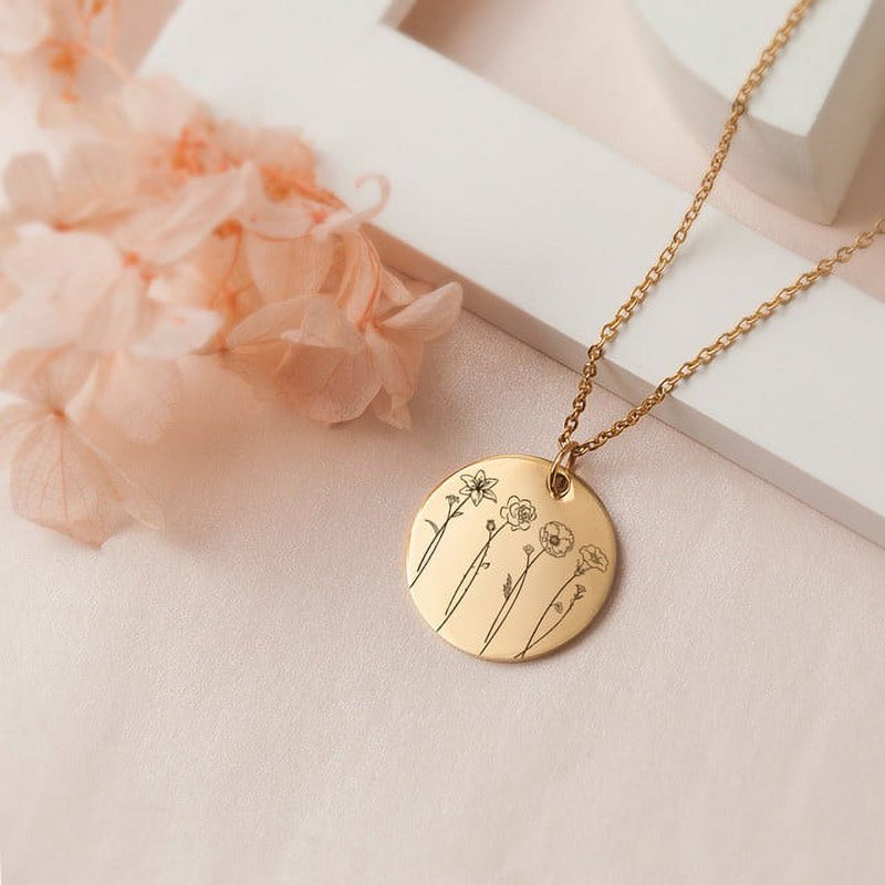 Personalized Birth Flower Necklace with Multiple Charms - Custom Family Gift for Mom