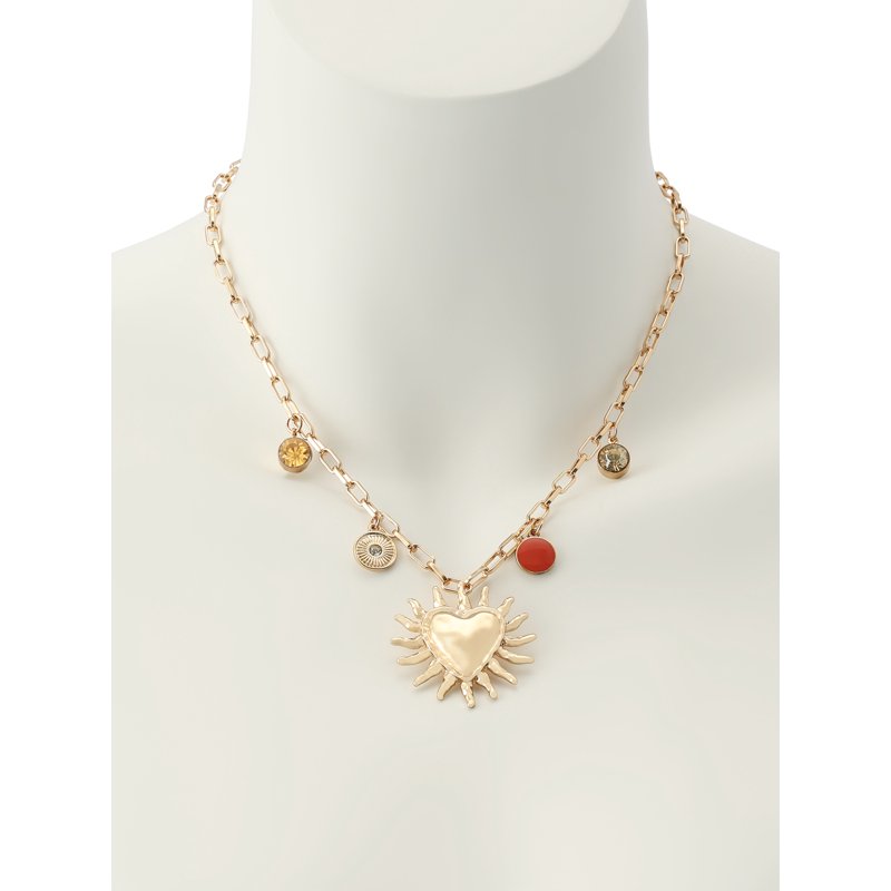 Women's Red Heart Sun Charm Bib Necklace - Adjustable Gold Tone Jewelry