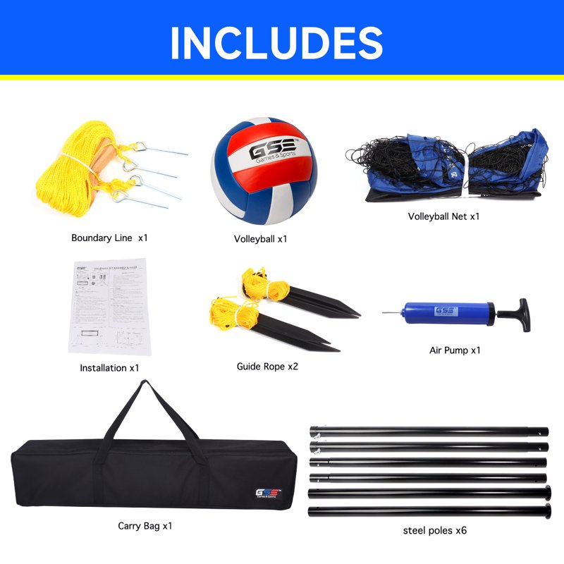 Portable Recreational Volleyball Set with Net, Poles, Ball, Pump & Carry Bag