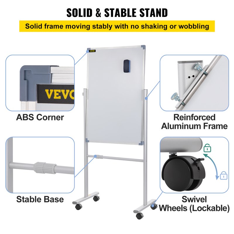 Magnetic Double-Sided Whiteboard with Adjustable Height & Mobility