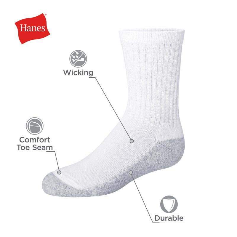 Hanes Boys' Crew Socks Pack - 12 Pairs, White, Double Tough Reinforced Heel & Toe
