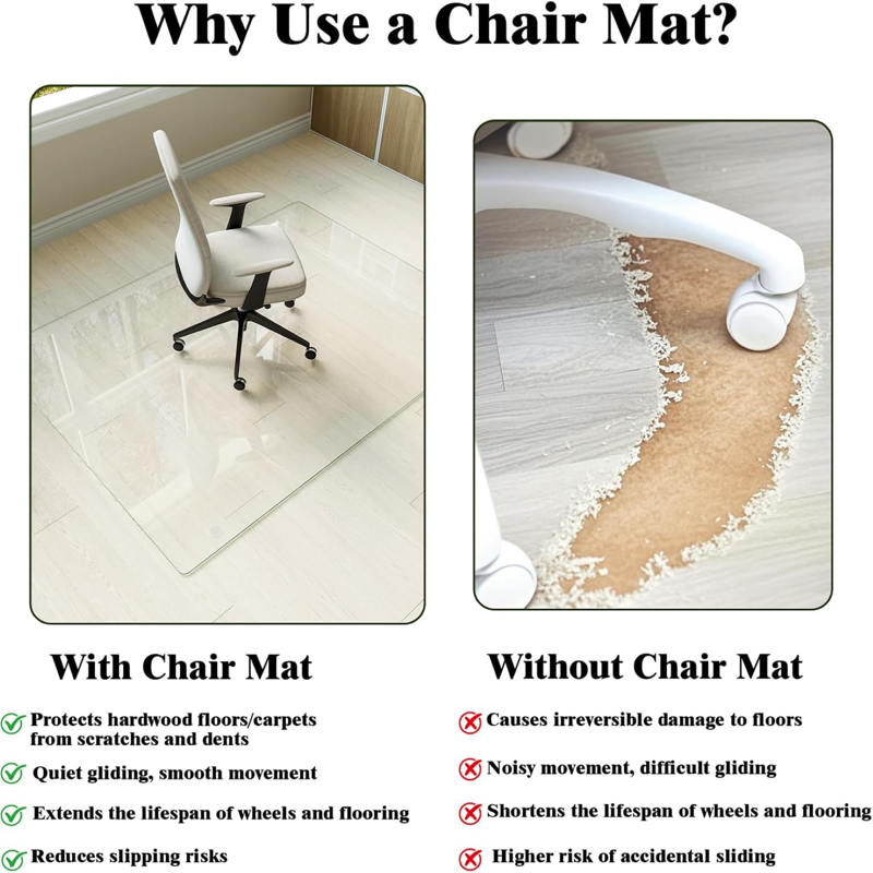 Tempered Glass Office Chair Mat for Carpet & Hardwood Floors — Clear, Protects Surfaces